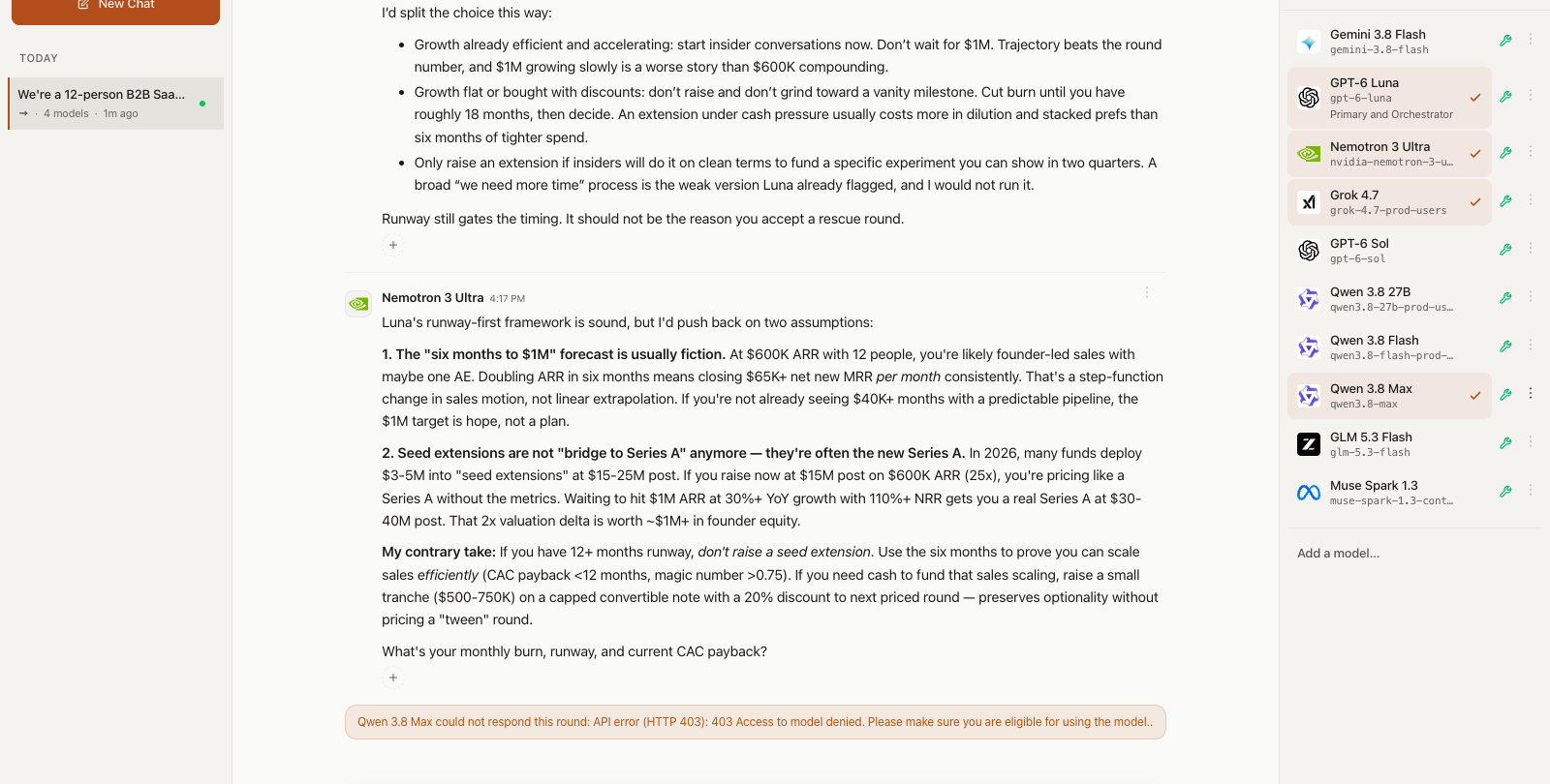 Nemotron 3 Ultra's reply in the same Sequential Mode room, pushing back on two of GPT-6 Luna's assumptions and ending with a question about burn, runway, and payback