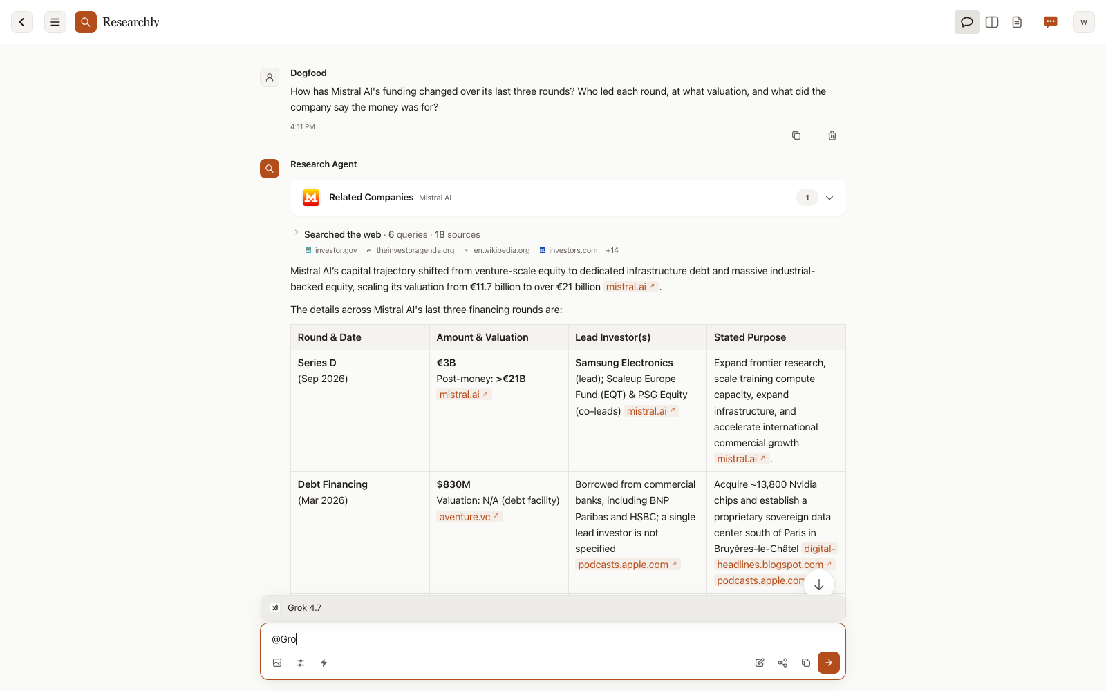 Typing @Gro in the Researchly message box narrows the model list to Grok 4.7