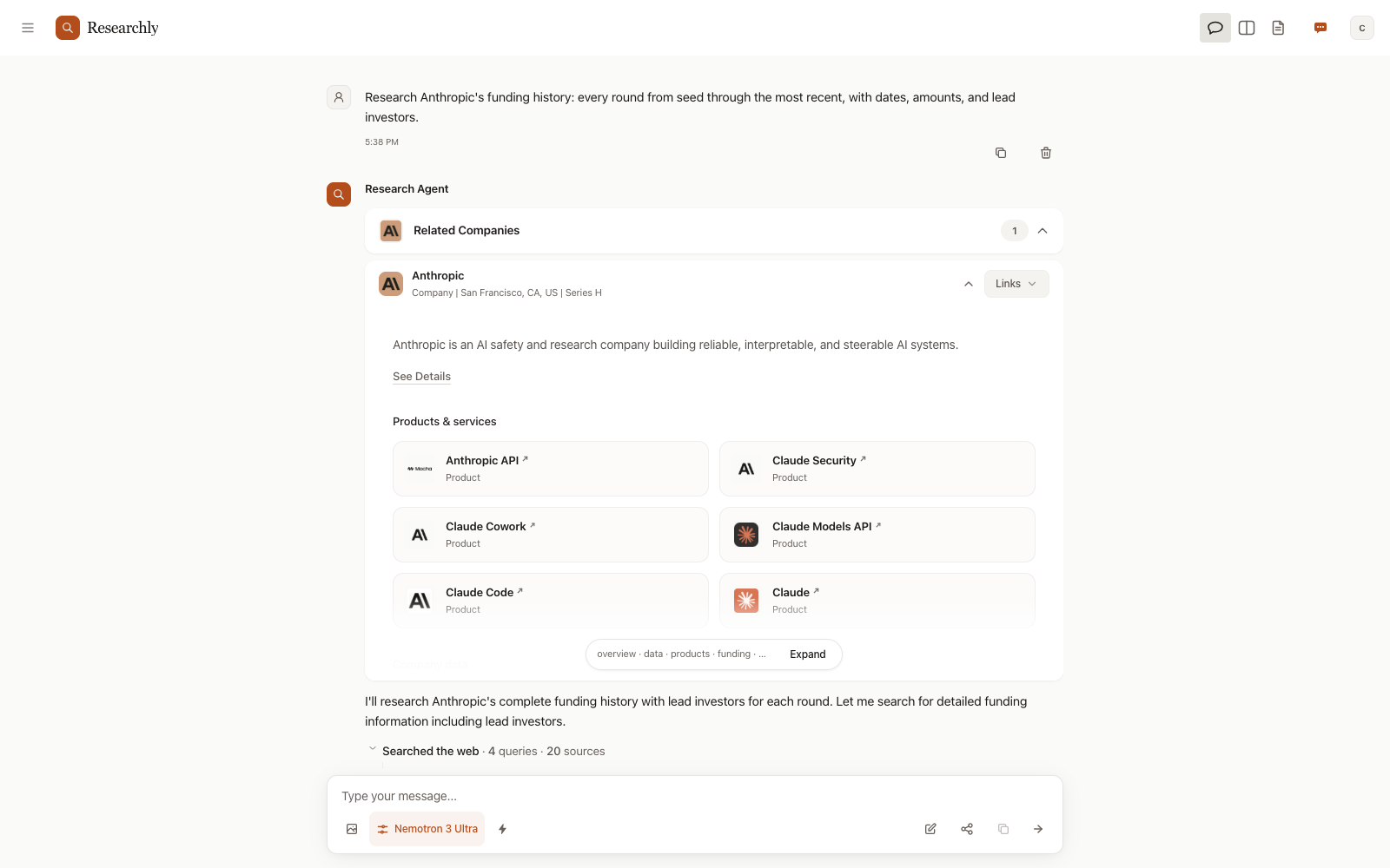 A Researchly chat researching Anthropic's funding history, with the company card and a summary of the web search above the answer