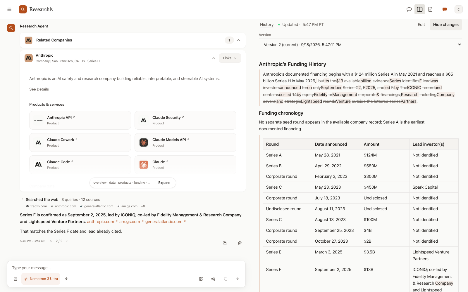 Show changes in a Research Draft, with removed words struck through and inserted words marked