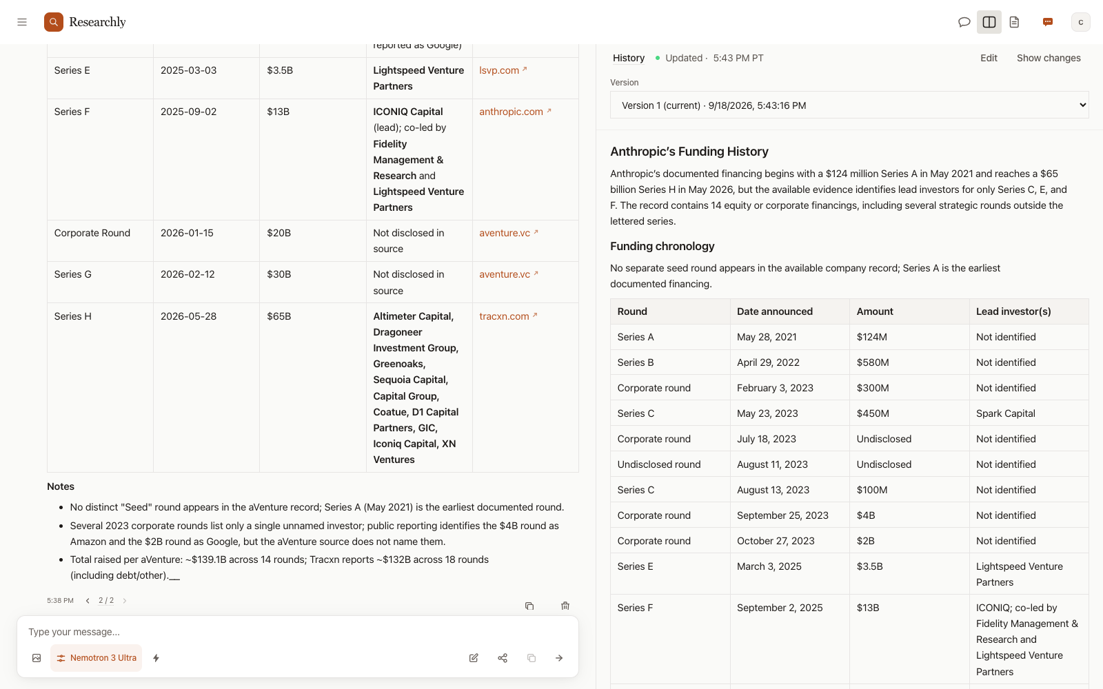 The Research Draft pane with its version history and the time of the last update