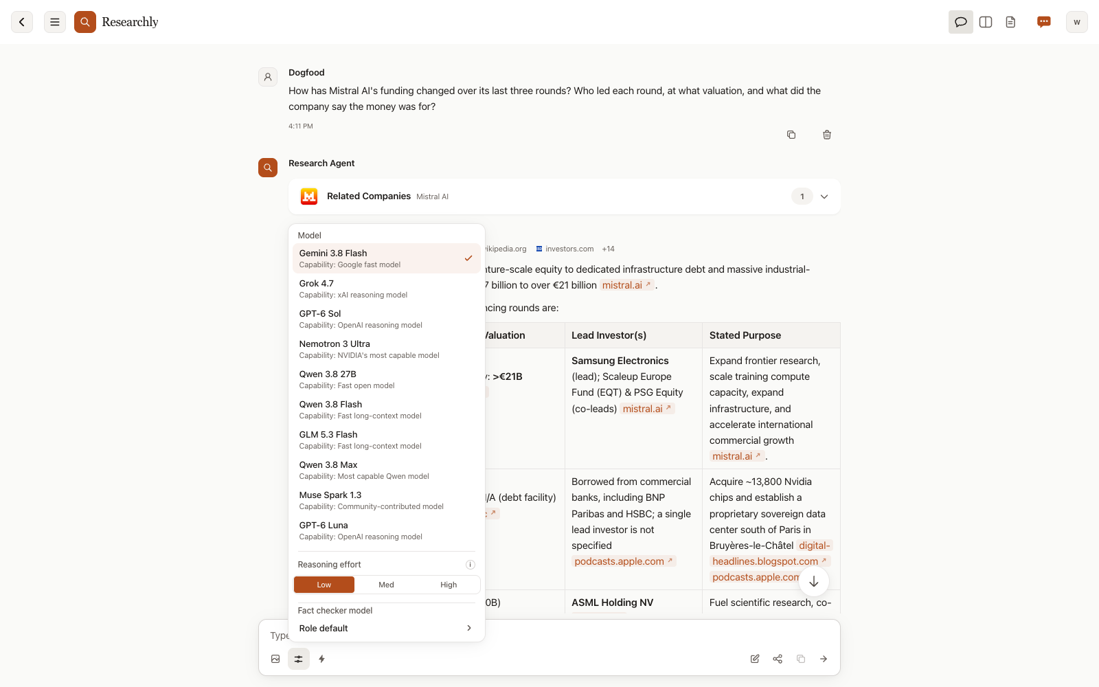 The model settings menu in Researchly listing the available models, each with a one-line description, above the reasoning effort control