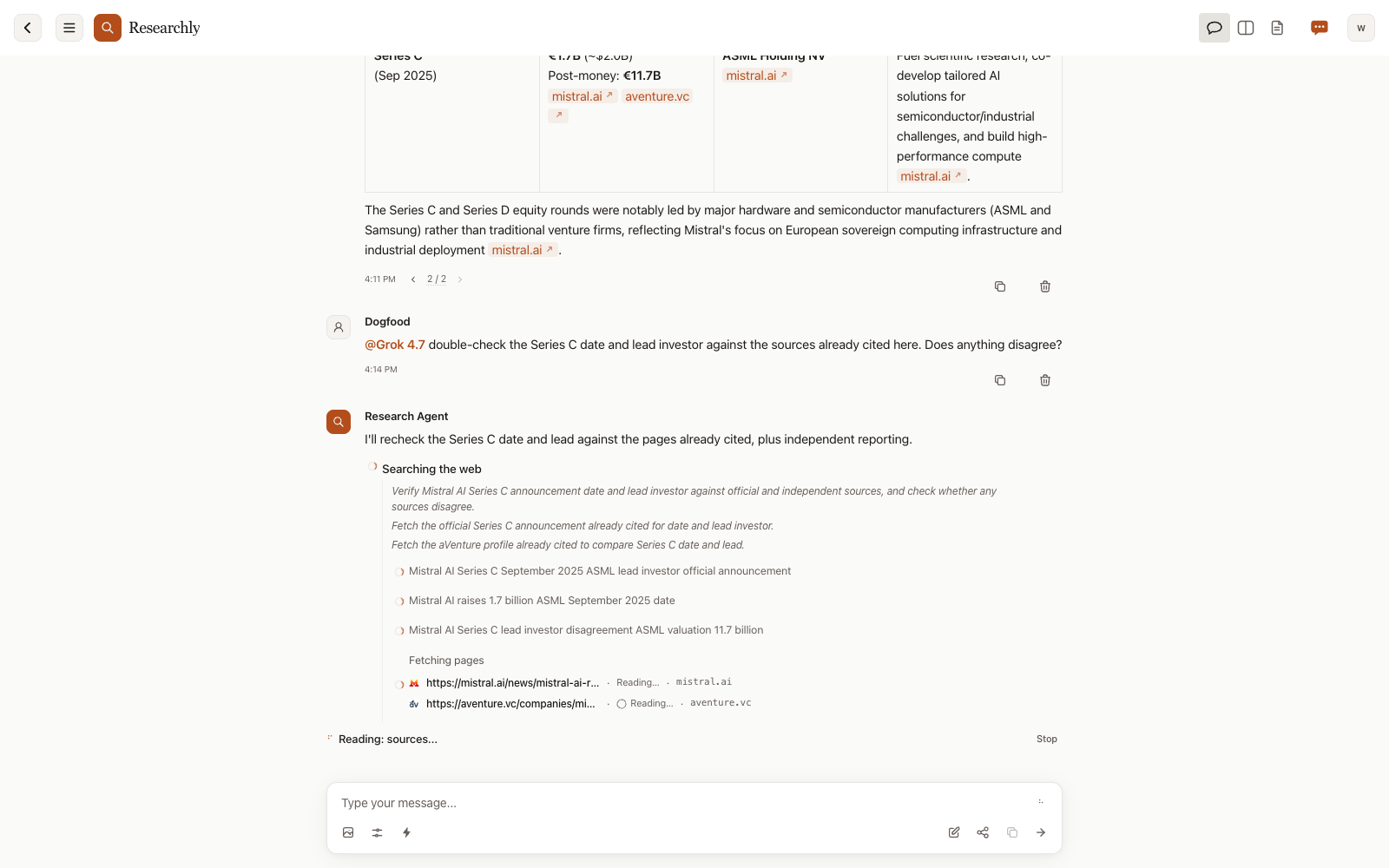 A Researchly turn rechecking a funding round: three queries running and two pages in the Fetching pages list, each row reading "Reading…" with its site beside it