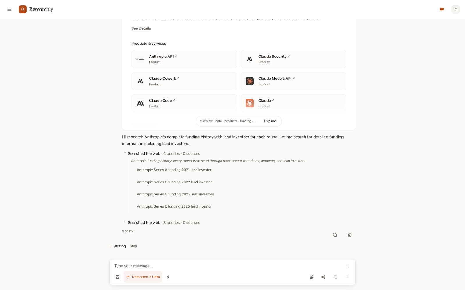 Researchly mid-turn: the search block lists each query as it runs while the answer starts writing below